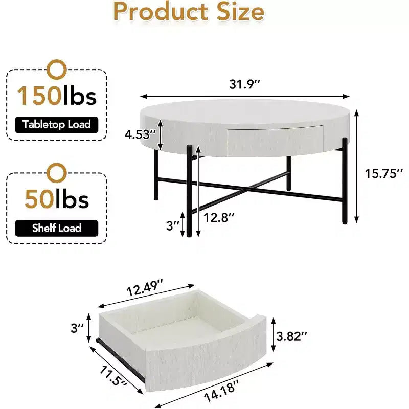 Table basse ronde avec 2 tiroirs, plateau en bois et piètement en croix en métal – Table de rangement de style ferme moderne pour salon et appartement