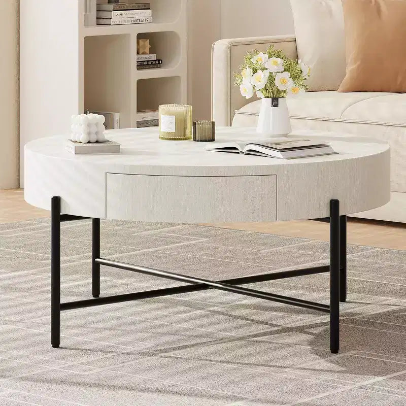 Table basse ronde avec 2 tiroirs, plateau en bois et piètement en croix en métal – Table de rangement de style ferme moderne pour salon et appartement