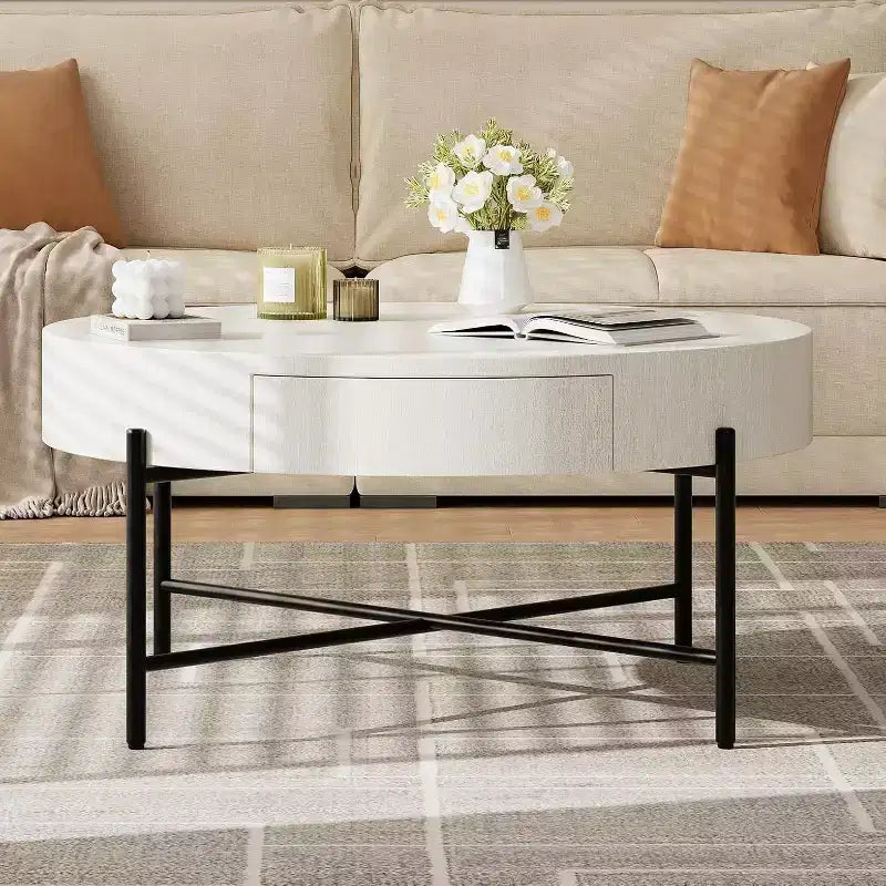 Table basse ronde avec 2 tiroirs, plateau en bois et piètement en croix en métal – Table de rangement de style ferme moderne pour salon et appartement