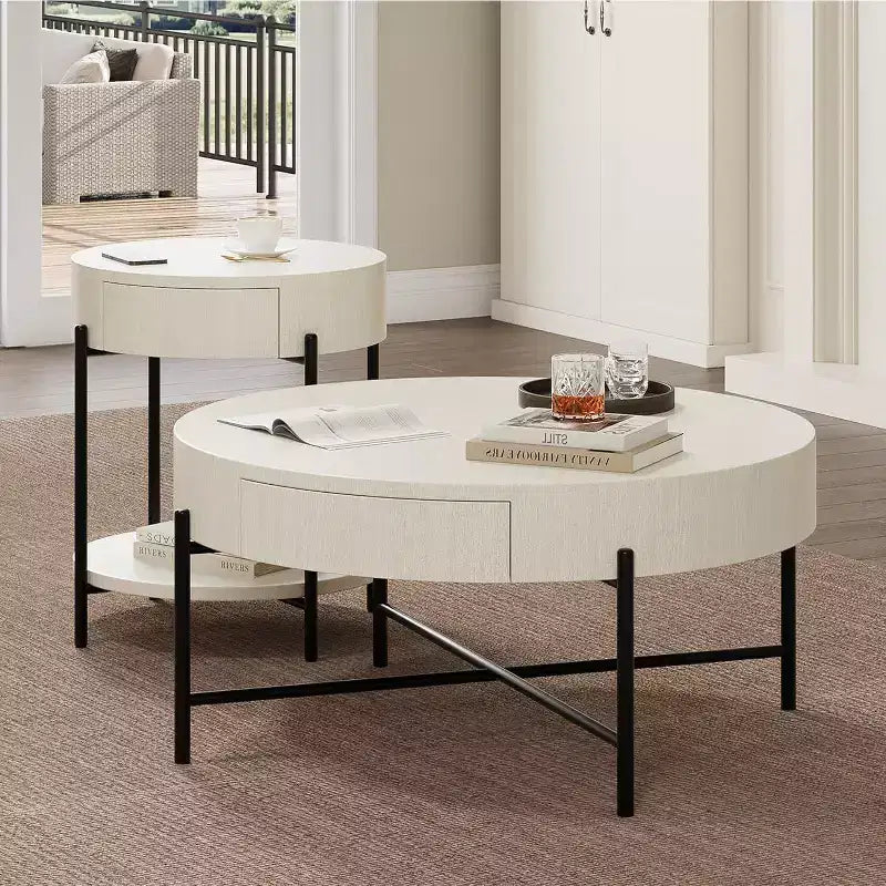Table basse ronde avec 2 tiroirs, plateau en bois et piètement en croix en métal – Table de rangement de style ferme moderne pour salon et appartement