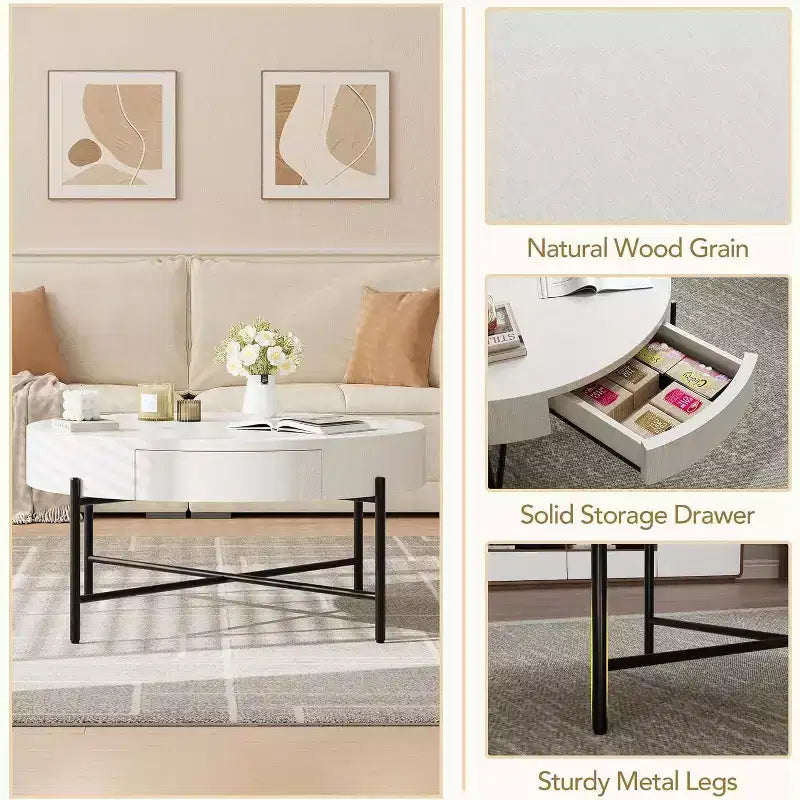 Table basse ronde avec 2 tiroirs, plateau en bois et piètement en croix en métal – Table de rangement de style ferme moderne pour salon et appartement