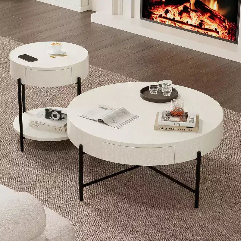 Table basse ronde avec 2 tiroirs, plateau en bois et piètement en croix en métal – Table de rangement de style ferme moderne pour salon et appartement
