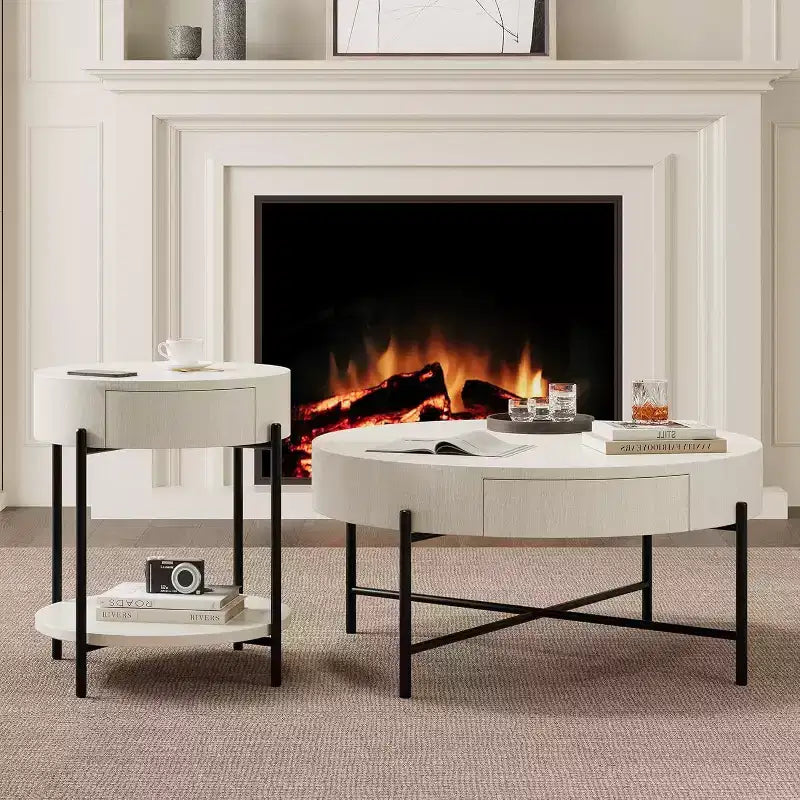 Table basse ronde avec 2 tiroirs, plateau en bois et piètement en croix en métal – Table de rangement de style ferme moderne pour salon et appartement