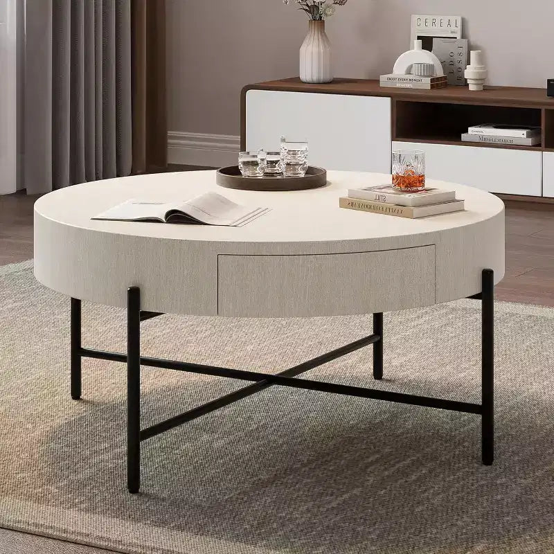 Acekool Round Coffee Table with 2 Drawers, Wood Top & Metal Cross Leg Base  Modern Farmhouse Storage Table for Living Room & Apartment