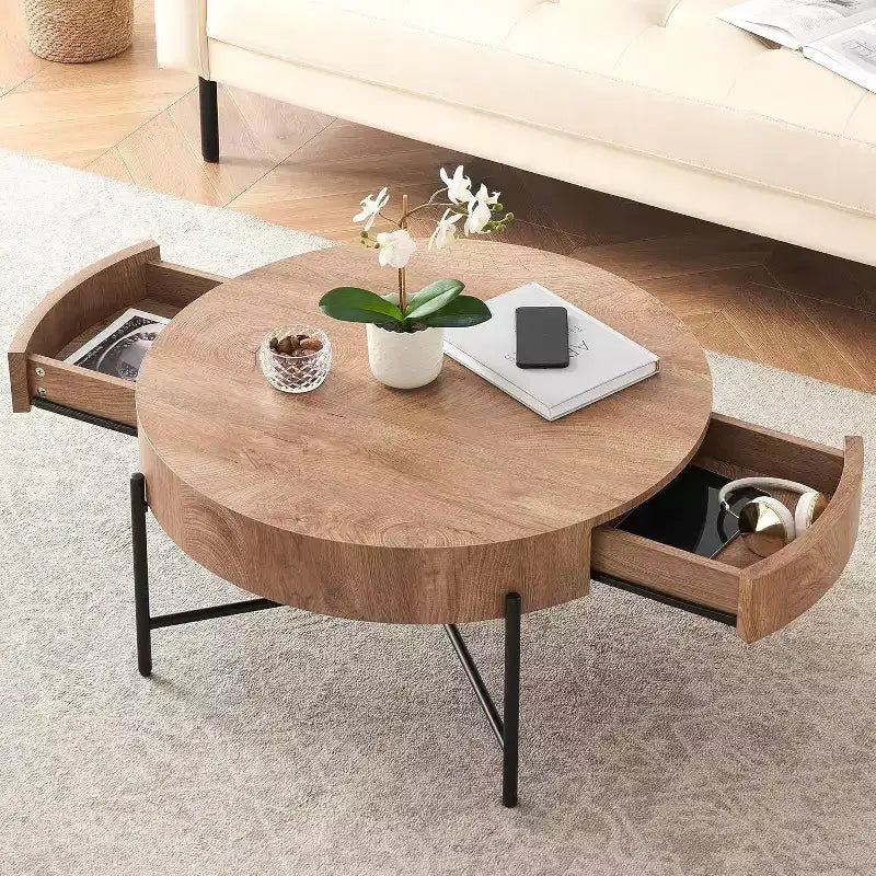 Table basse ronde avec 2 tiroirs, plateau en bois et piètement en croix en métal – Table de rangement de style ferme moderne pour salon et appartement