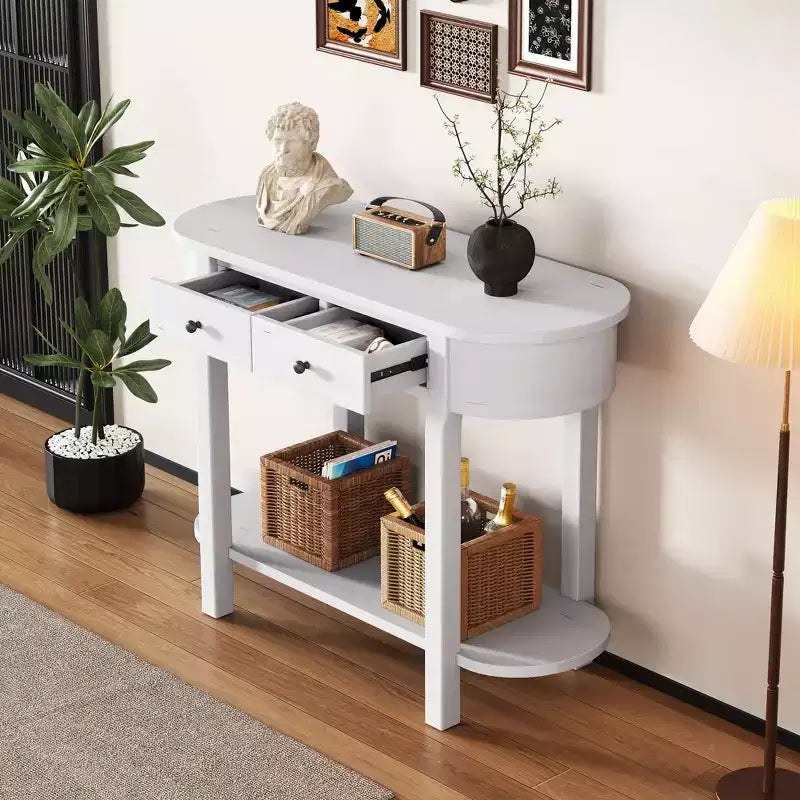 Élégante console rétro au design incurvé et finition lisse pour entrées, salons et couloirs (blanc antique)