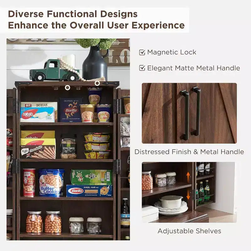 Garde-manger de cuisine de ferme avec portes de grange et étagères réglables, armoire de rangement, placard en bois rustique pour la cuisine