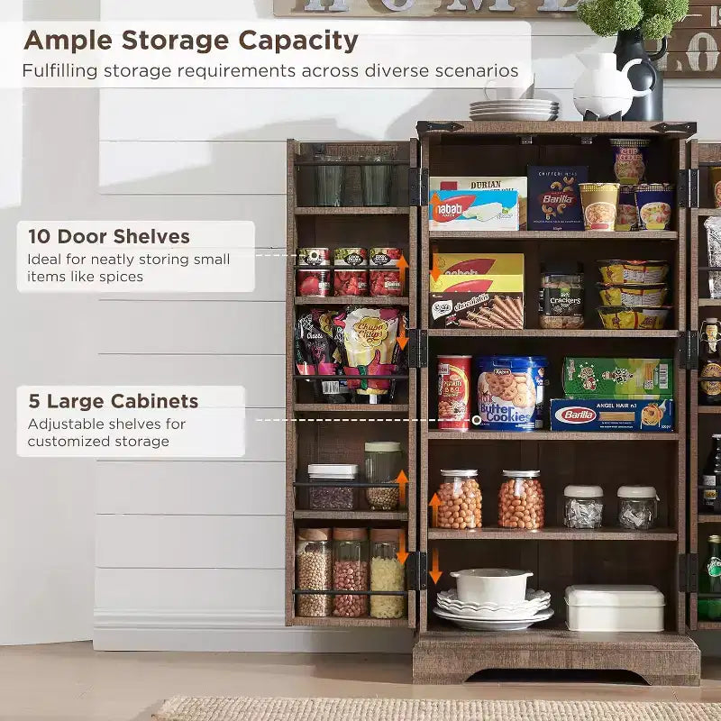 Garde-manger de cuisine de ferme avec portes de grange et étagères réglables, armoire de rangement, placard en bois rustique pour la cuisine