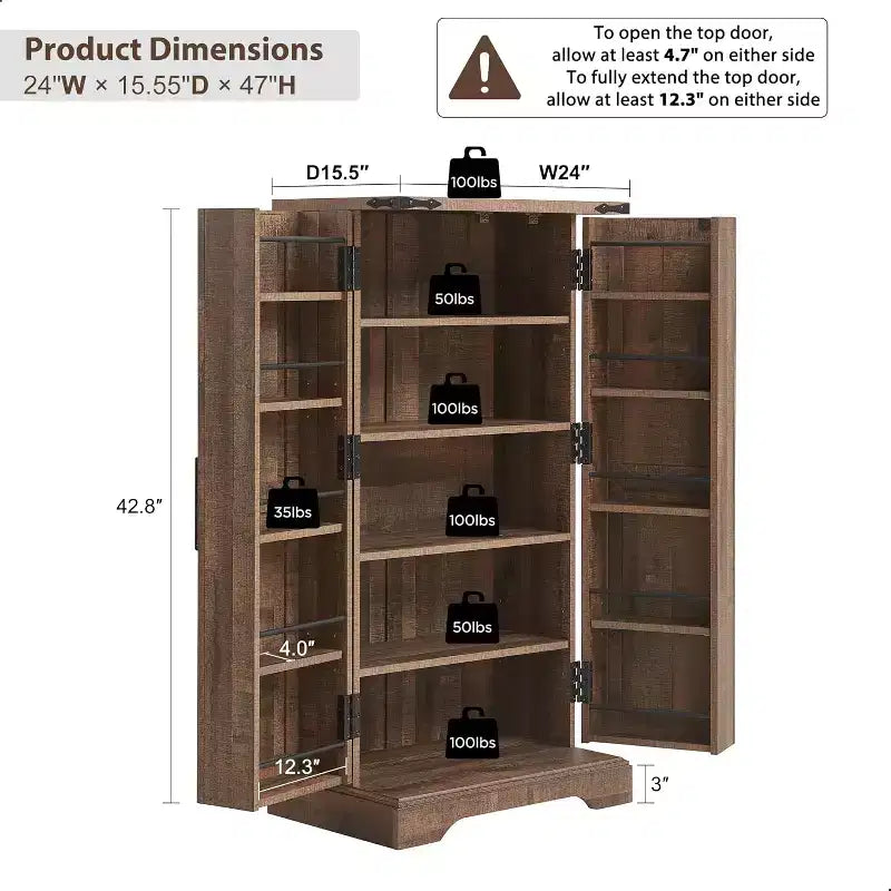 Garde-manger de cuisine de ferme avec portes de grange et étagères réglables, armoire de rangement, placard en bois rustique pour la cuisine