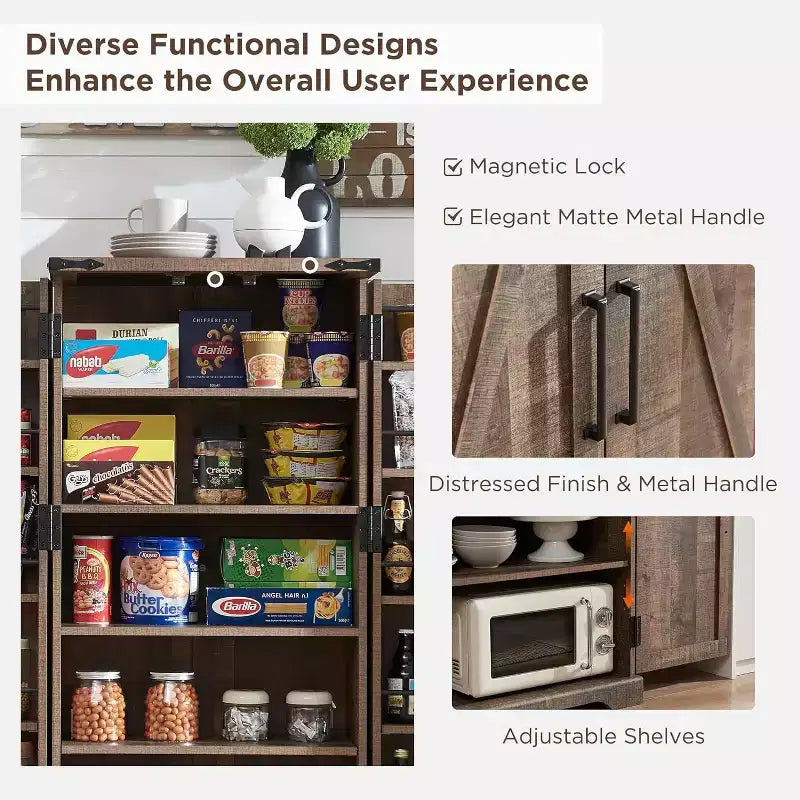 Garde-manger de cuisine de ferme avec portes de grange et étagères réglables, armoire de rangement, placard en bois rustique pour la cuisine