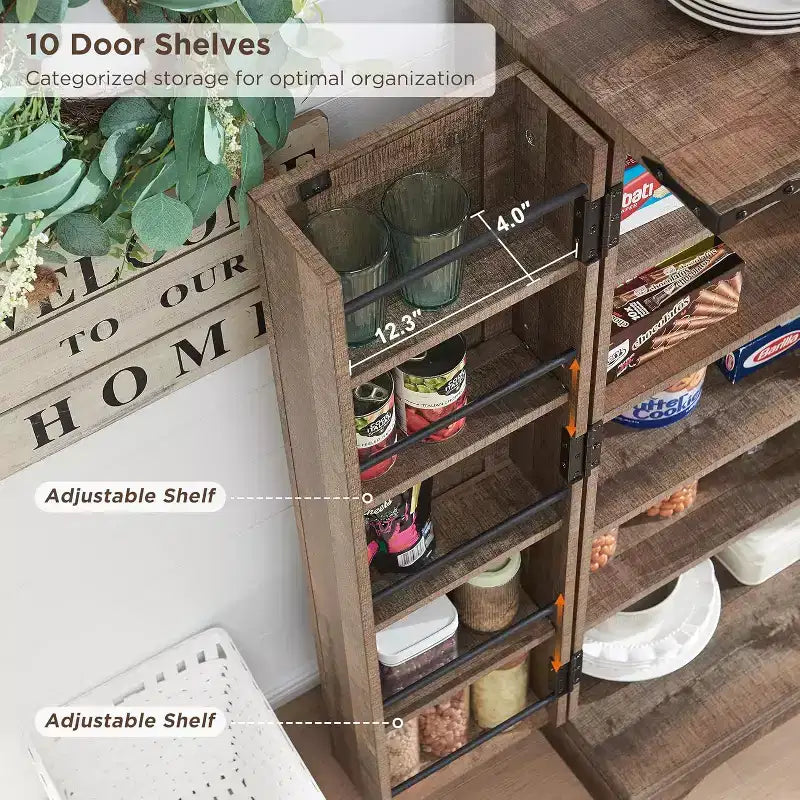 Garde-manger de cuisine de ferme avec portes de grange et étagères réglables, armoire de rangement, placard en bois rustique pour la cuisine