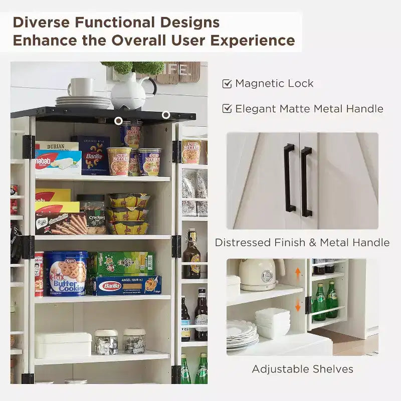 Garde-manger de cuisine de ferme avec portes de grange et étagères réglables, armoire de rangement, placard en bois rustique pour la cuisine