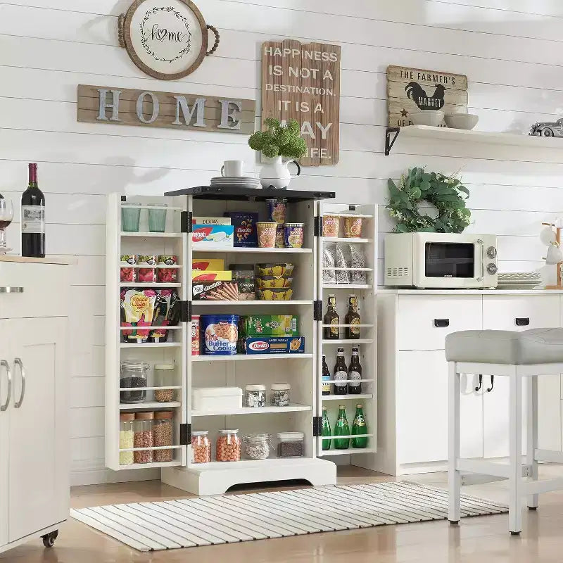 Garde-manger de cuisine de ferme avec portes de grange et étagères réglables, armoire de rangement, placard en bois rustique pour la cuisine