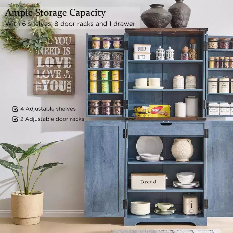 Garde-manger de cuisine de ferme avec portes de grange et étagères réglables, armoire de rangement, placard en bois rustique pour la cuisine