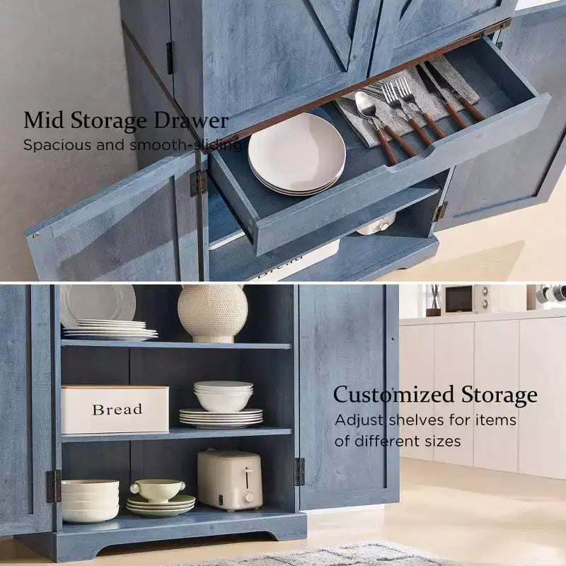 Garde-manger de cuisine de ferme avec portes de grange et étagères réglables, armoire de rangement, placard en bois rustique pour la cuisine