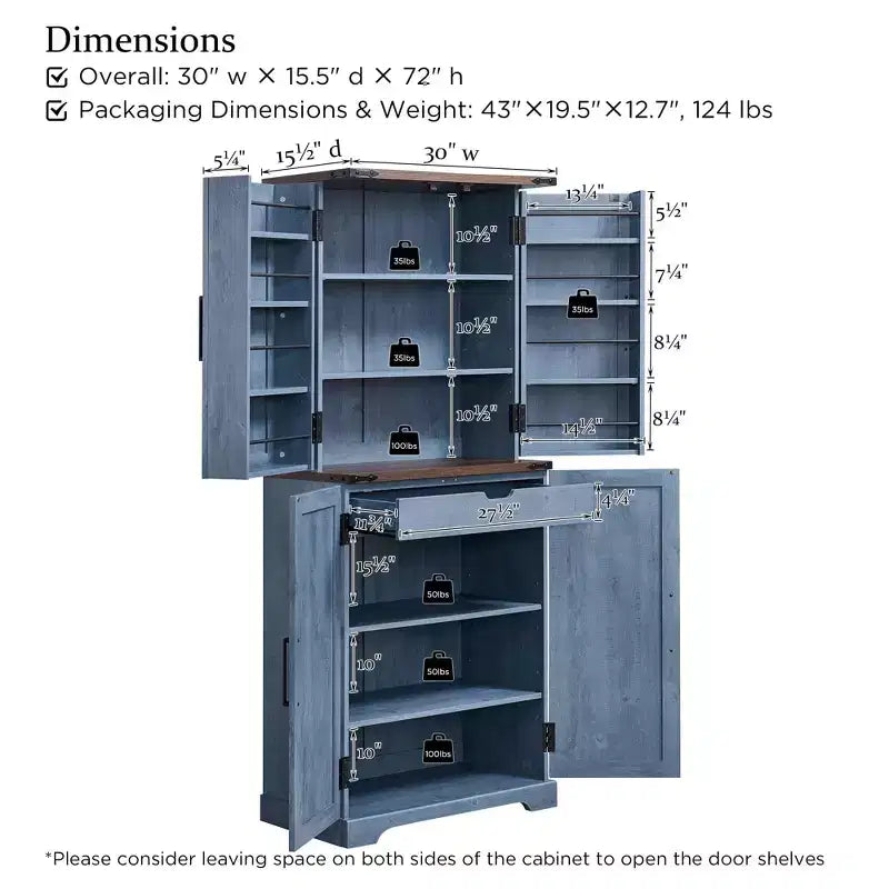 Garde-manger de cuisine de ferme avec portes de grange et étagères réglables, armoire de rangement, placard en bois rustique pour la cuisine