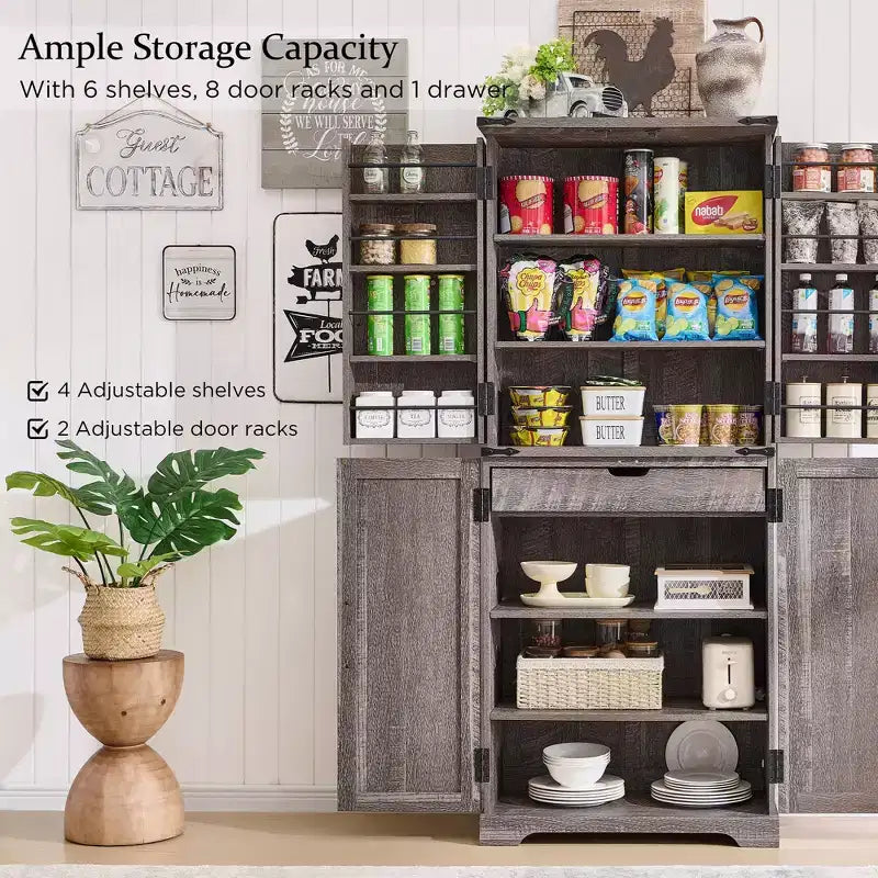 Garde-manger de cuisine de ferme avec portes de grange et étagères réglables, armoire de rangement, placard en bois rustique pour la cuisine