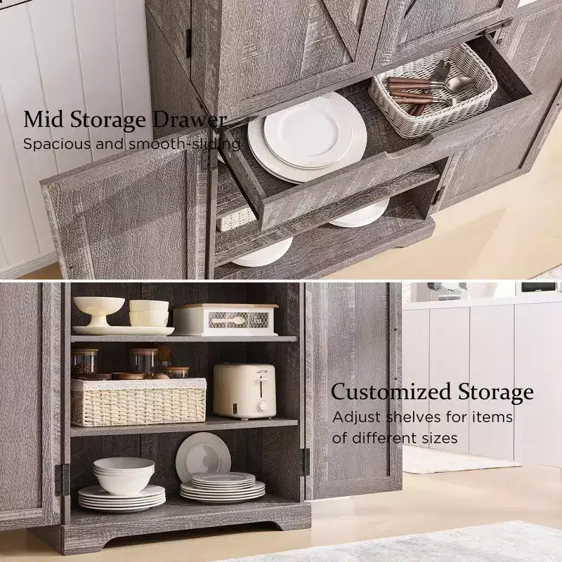 Garde-manger de cuisine de ferme avec portes de grange et étagères réglables, armoire de rangement, placard en bois rustique pour la cuisine