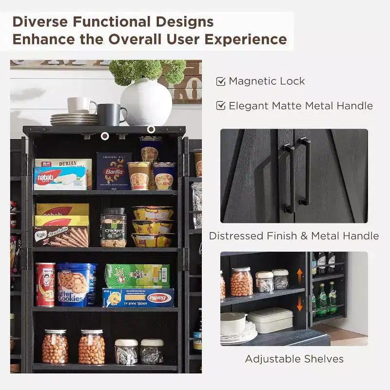 Garde-manger de cuisine de ferme avec portes de grange et étagères réglables, armoire de rangement, placard en bois rustique pour la cuisine