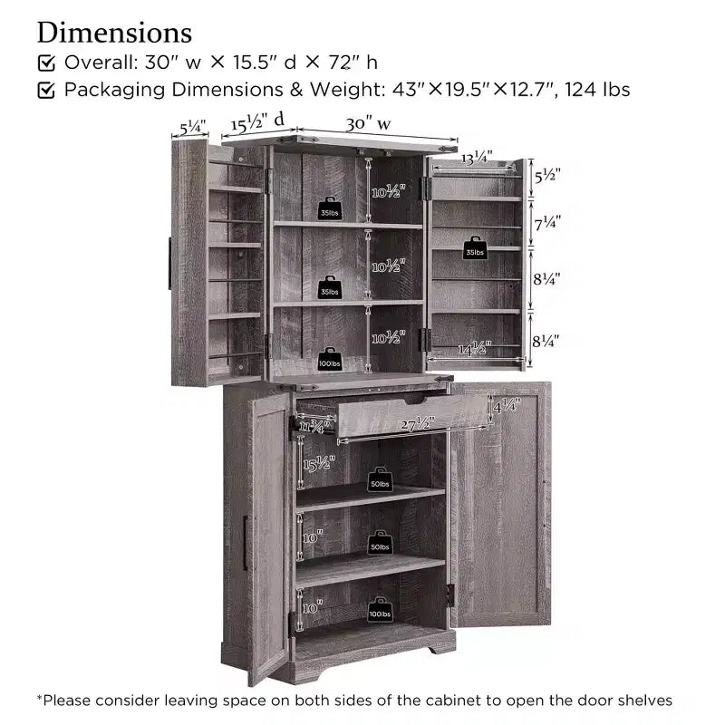 Garde-manger de cuisine de ferme avec portes de grange et étagères réglables, armoire de rangement, placard en bois rustique pour la cuisine