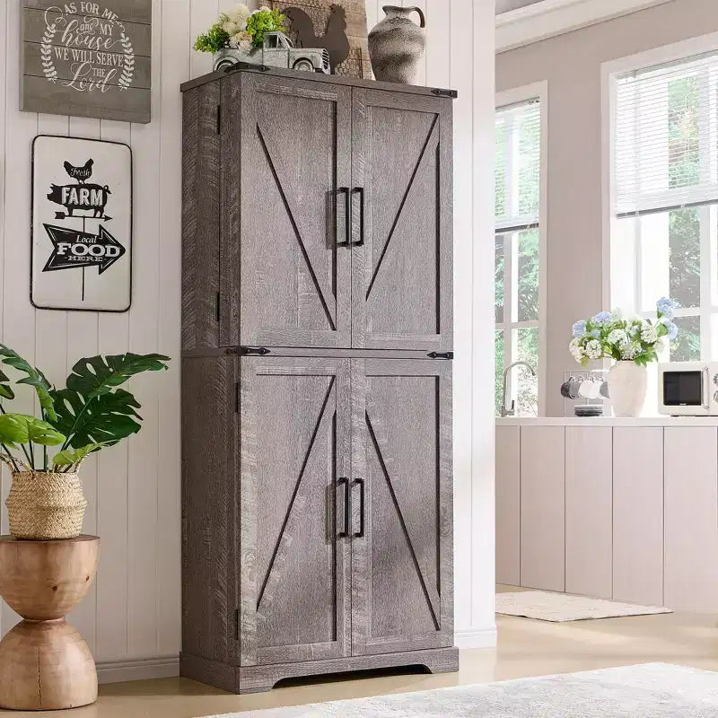 Garde-manger de cuisine de ferme avec portes de grange et étagères réglables, armoire de rangement, placard en bois rustique pour la cuisine