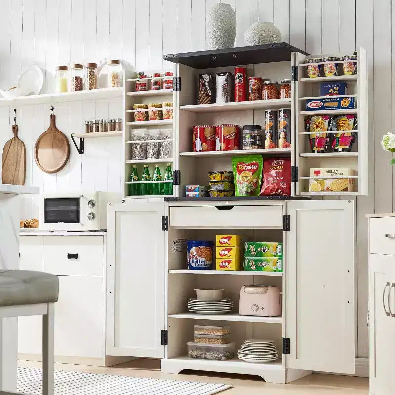 Garde-manger de cuisine de ferme avec portes de grange et étagères réglables, armoire de rangement, placard en bois rustique pour la cuisine