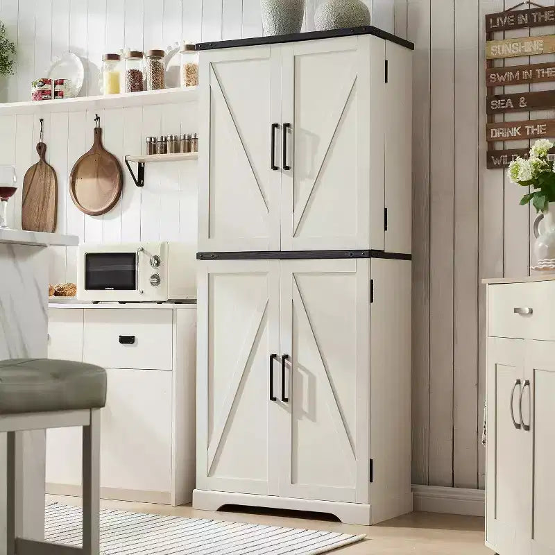 Garde-manger de cuisine de ferme avec portes de grange et étagères réglables, armoire de rangement, placard en bois rustique pour la cuisine