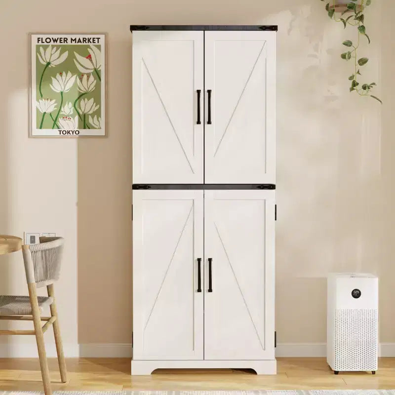 Garde-manger de cuisine de ferme avec portes de grange et étagères réglables, armoire de rangement, placard en bois rustique pour la cuisine