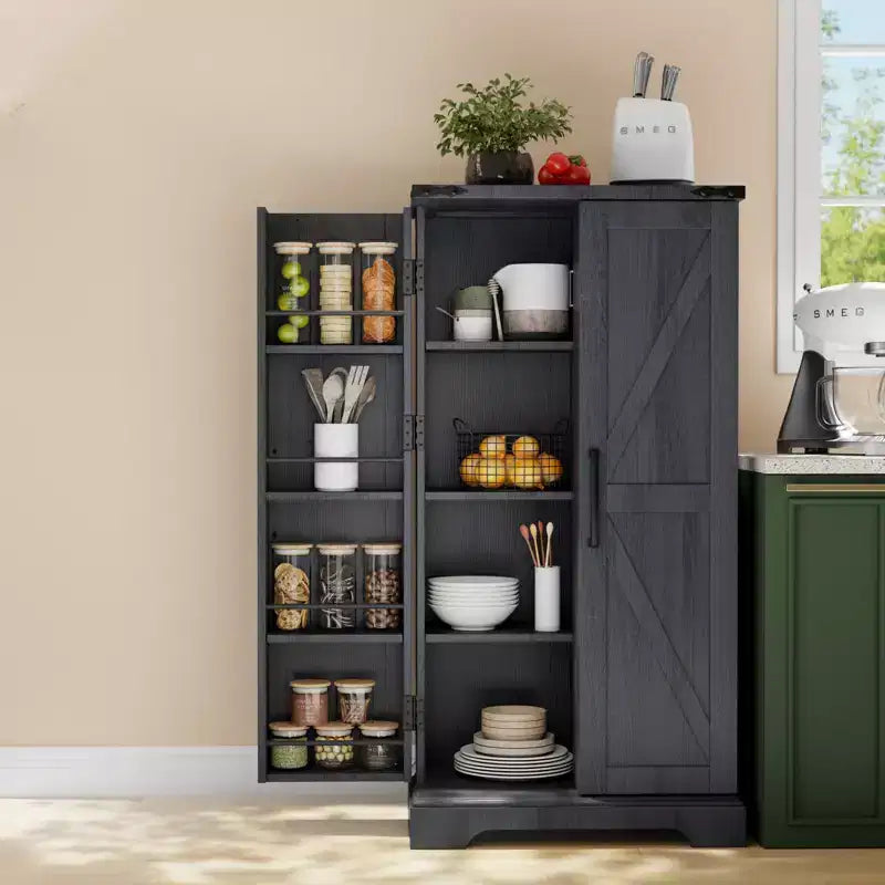 SinCiDo Farmhouse Kitchen Pantry with Barn Doors and Adjustable Shelves, Storage Cabinet, Rustic Wood Cupboard for Kitchen
