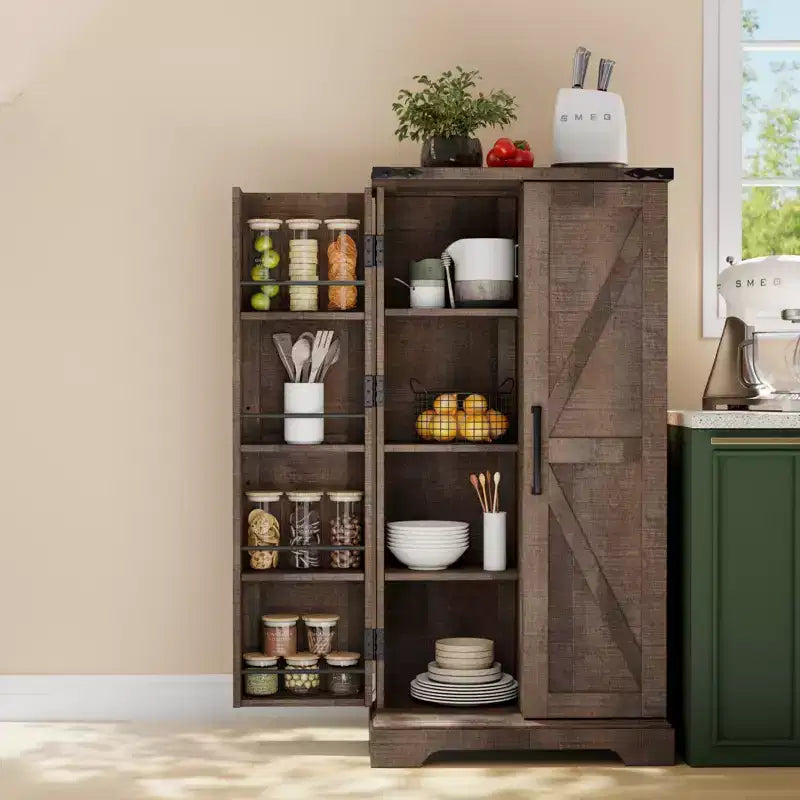 Garde-manger de cuisine de ferme avec portes de grange et étagères réglables, armoire de rangement, placard en bois rustique pour la cuisine