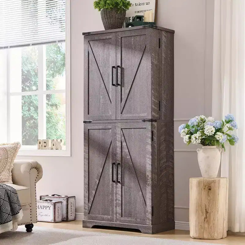 Garde-manger de cuisine de ferme avec portes de grange et étagères réglables, armoire de rangement, placard en bois rustique pour la cuisine