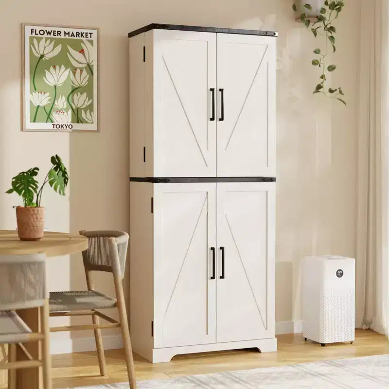 Garde-manger de cuisine de ferme avec portes de grange et étagères réglables, armoire de rangement, placard en bois rustique pour la cuisine