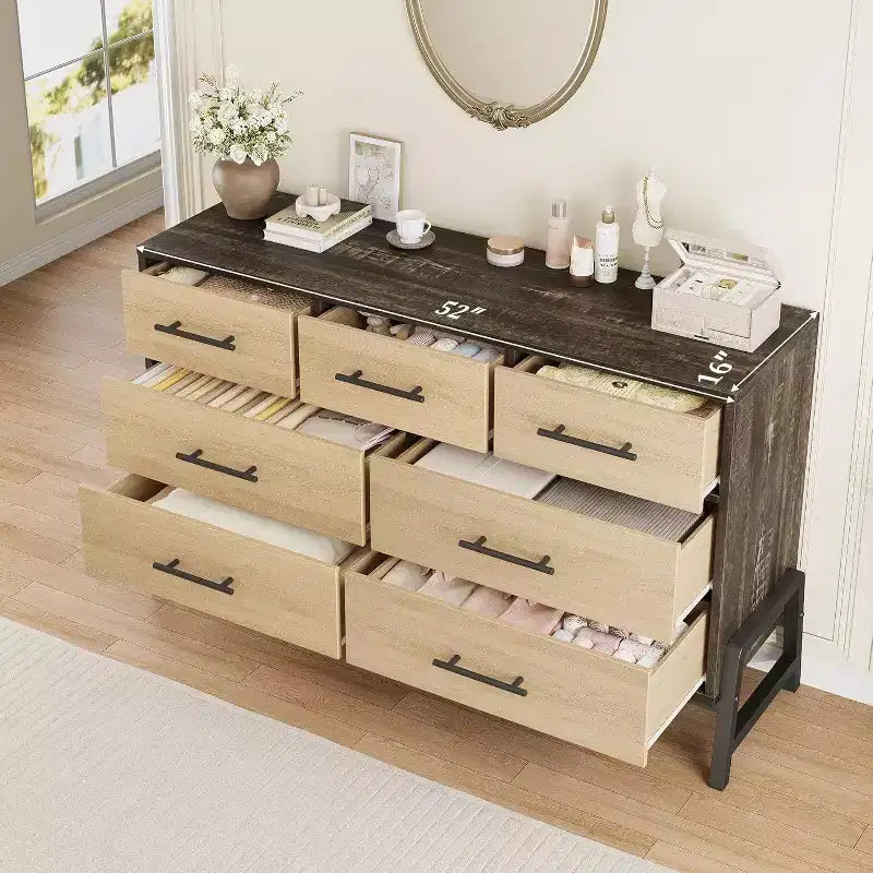 Commode à 7 tiroirs, meuble de rangement autonome à tiroirs, meuble de rangement en bois, pour salon, chambre, entrée