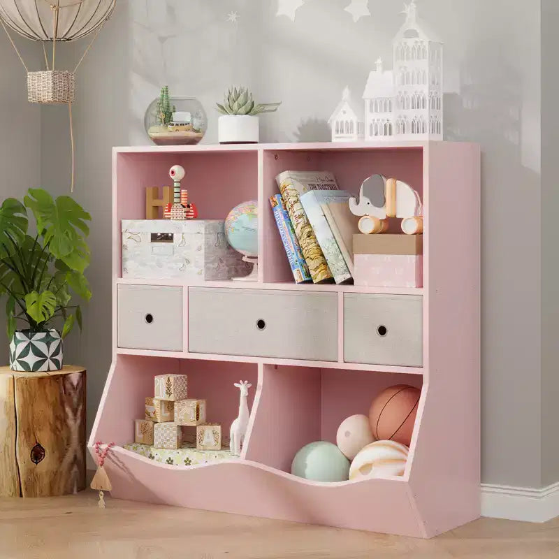 Organisateur de rangement de jouets pour enfants avec 3 tiroirs amovibles et une étagère à 5 sections - Grand meuble à jouets à 3 niveaux pour salle de jeux, jardin d'enfants et école