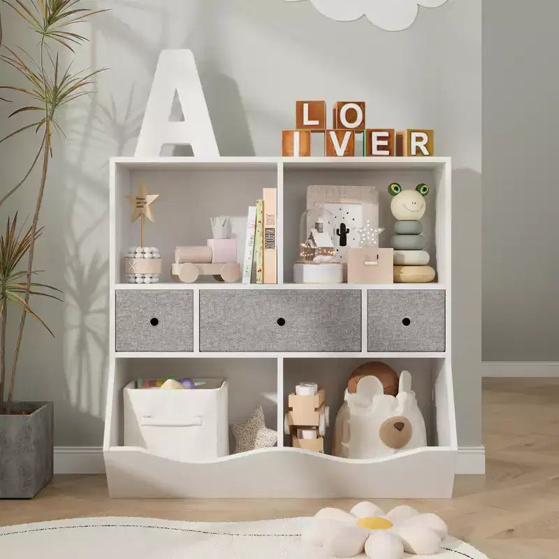 Organisateur de rangement de jouets pour enfants avec 3 tiroirs amovibles et une étagère à 5 sections - Grand meuble à jouets à 3 niveaux pour salle de jeux, jardin d'enfants et école