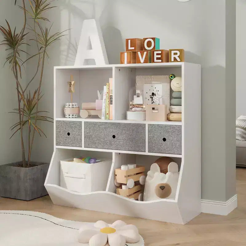 Organisateur de rangement de jouets pour enfants avec 3 tiroirs amovibles et une étagère à 5 sections - Grand meuble à jouets à 3 niveaux pour salle de jeux, jardin d'enfants et école