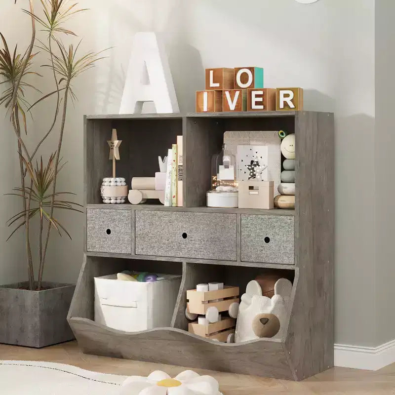 Organisateur de rangement de jouets pour enfants avec 3 tiroirs amovibles et une étagère à 5 sections - Grand meuble à jouets à 3 niveaux pour salle de jeux, jardin d'enfants et école