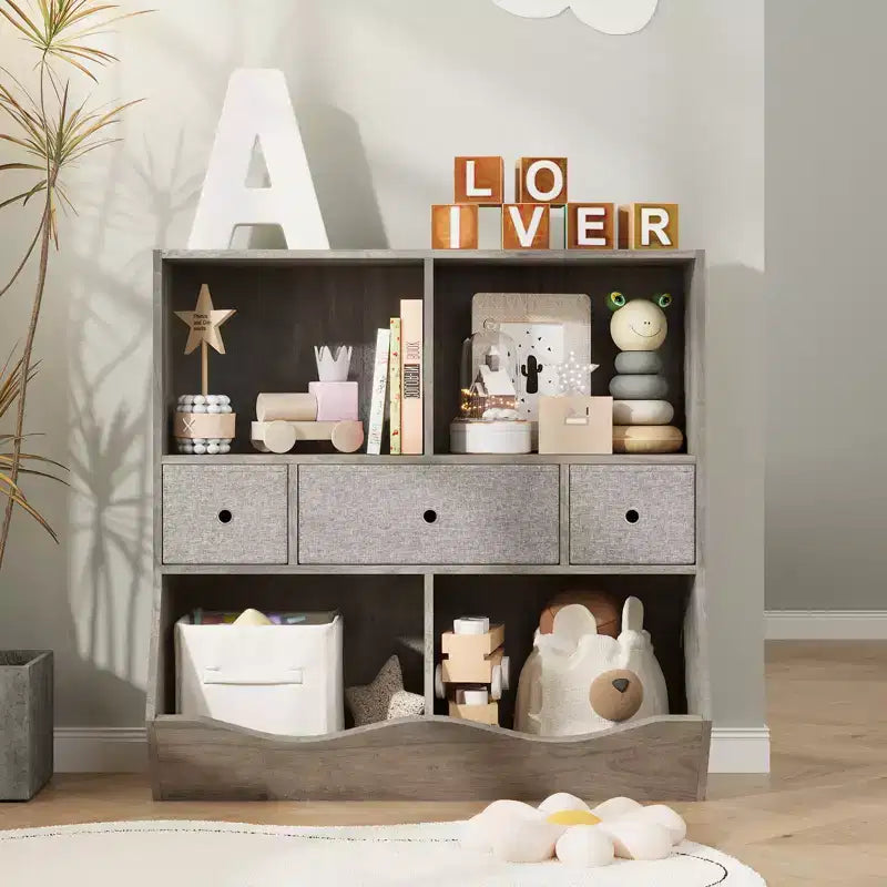 Organisateur de rangement de jouets pour enfants avec 3 tiroirs amovibles et une étagère à 5 sections - Grand meuble à jouets à 3 niveaux pour salle de jeux, jardin d'enfants et école