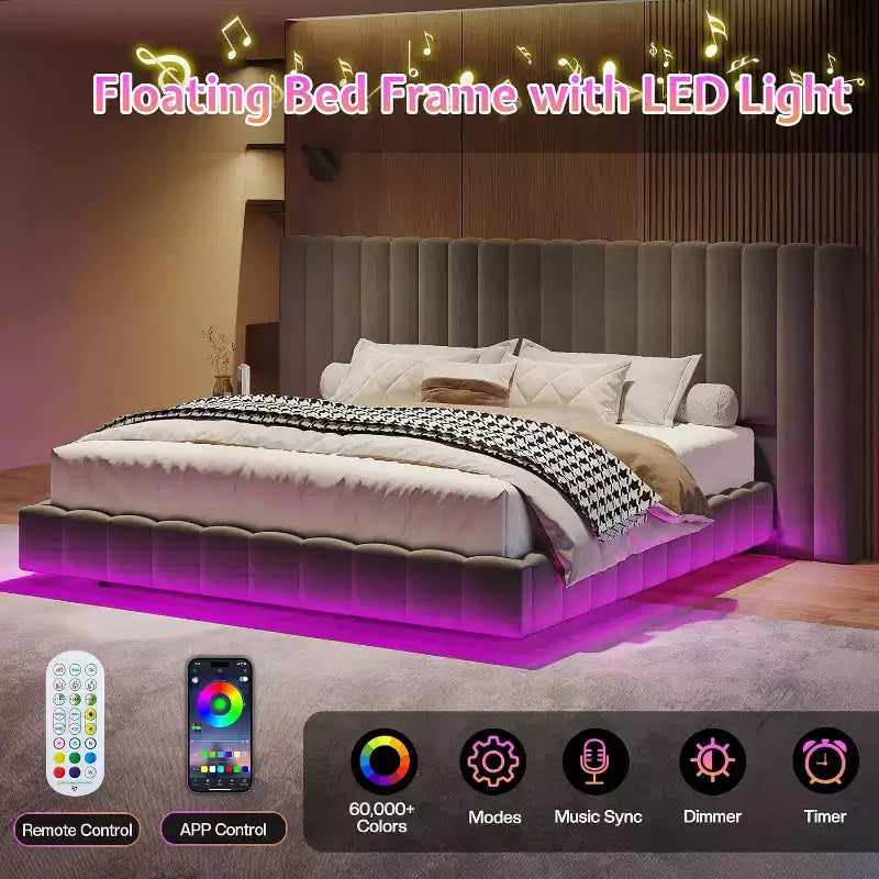 Lit plateforme rembourré avec lumières LED, design flottant, support à lattes solides