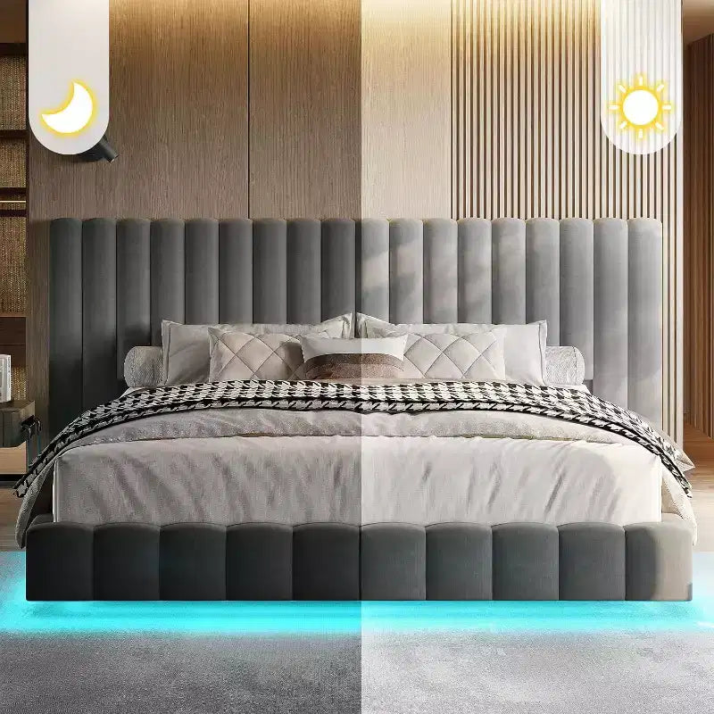 Lit plateforme rembourré avec lumières LED, design flottant, support à lattes solides