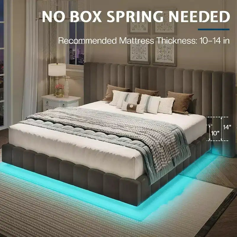 Lit plateforme rembourré avec lumières LED, design flottant, support à lattes solides