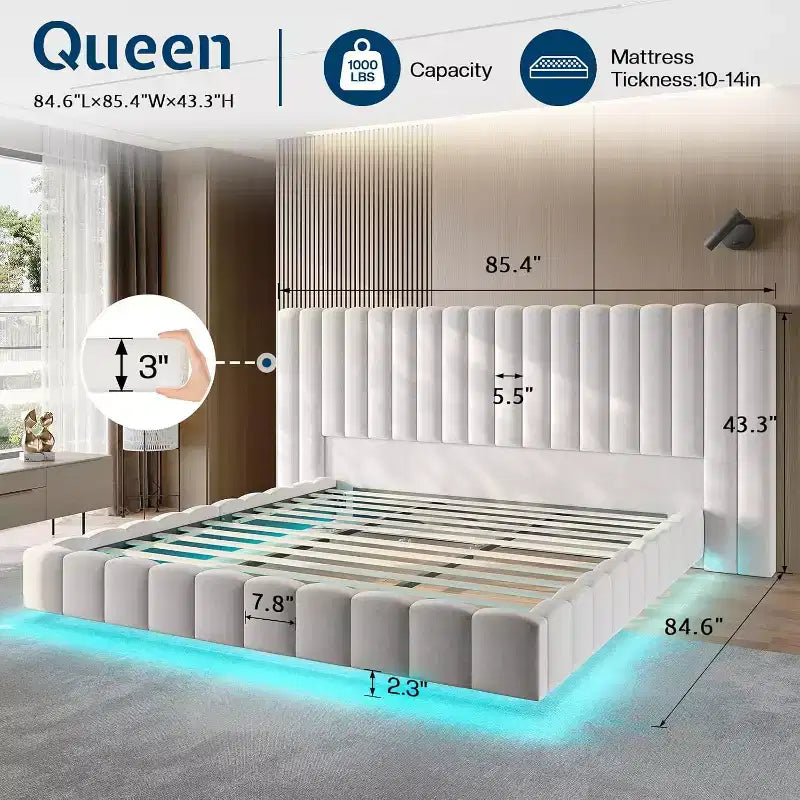 Lit plateforme rembourré avec lumières LED, design flottant, support à lattes solides