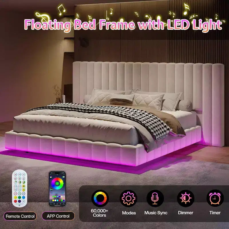 Lit plateforme rembourré avec lumières LED, design flottant, support à lattes solides