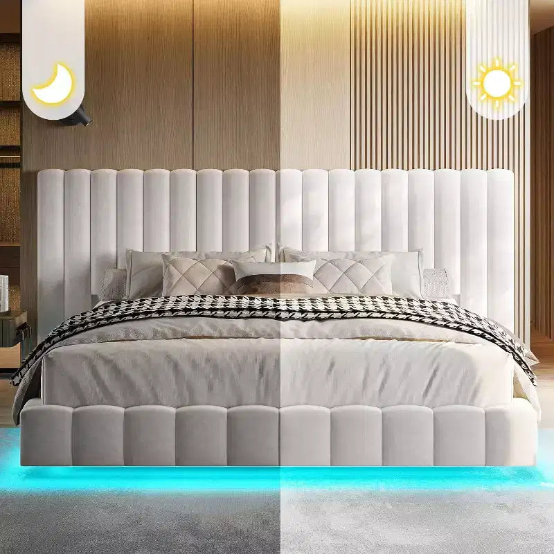 Lit plateforme rembourré avec lumières LED, design flottant, support à lattes solides