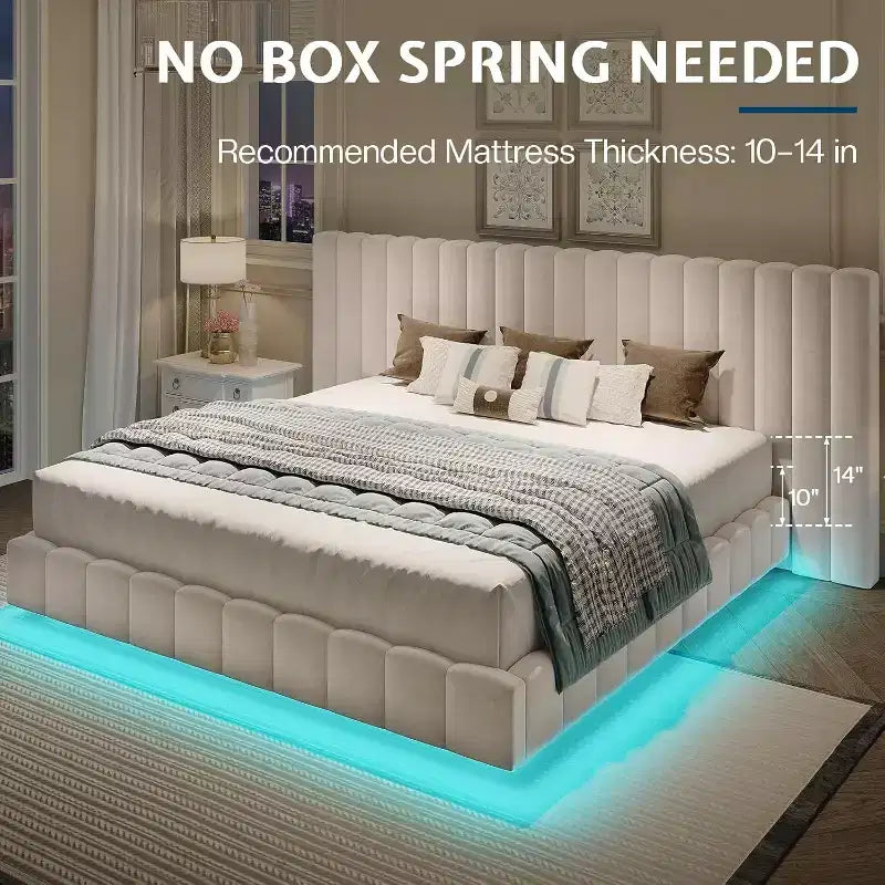Lit plateforme rembourré avec lumières LED, design flottant, support à lattes solides