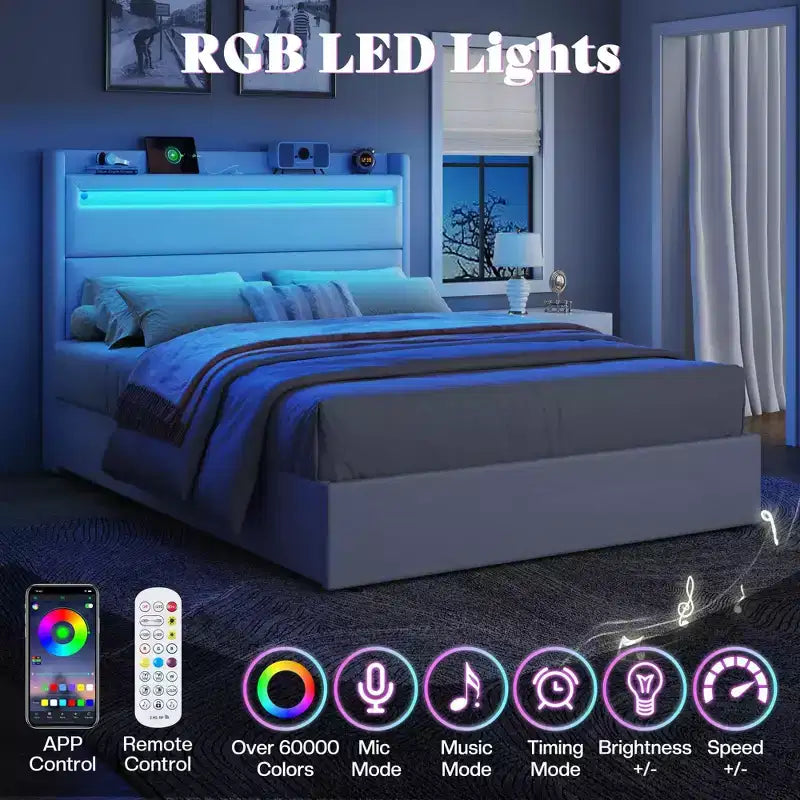 Cadre de lit plateforme rembourré avec tête de lit LED, 4 tiroirs pliables
