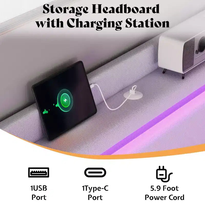 Cadre de lit plateforme rembourré avec tête de lit LED, 4 tiroirs pliables