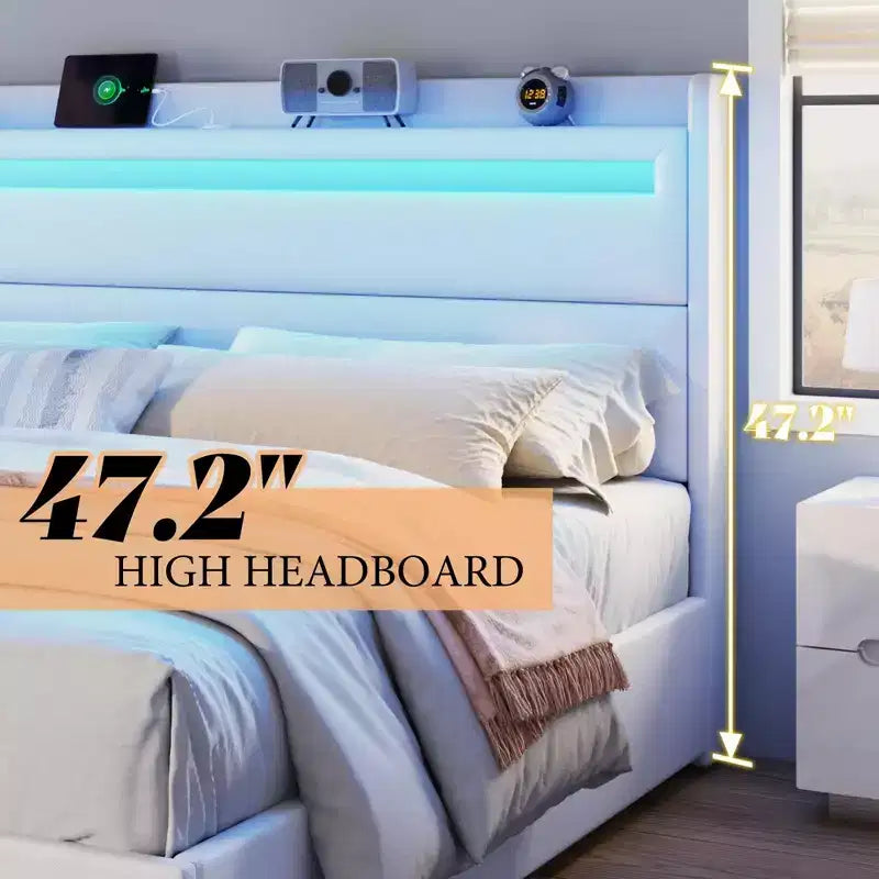 Cadre de lit plateforme rembourré avec tête de lit LED, 4 tiroirs pliables