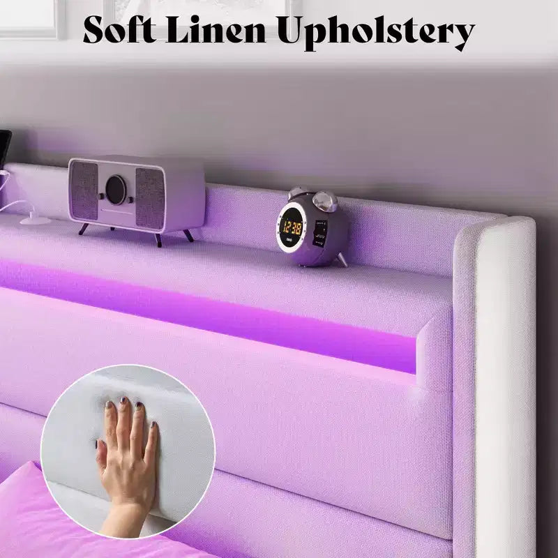 Cadre de lit plateforme rembourré avec tête de lit LED, 4 tiroirs pliables