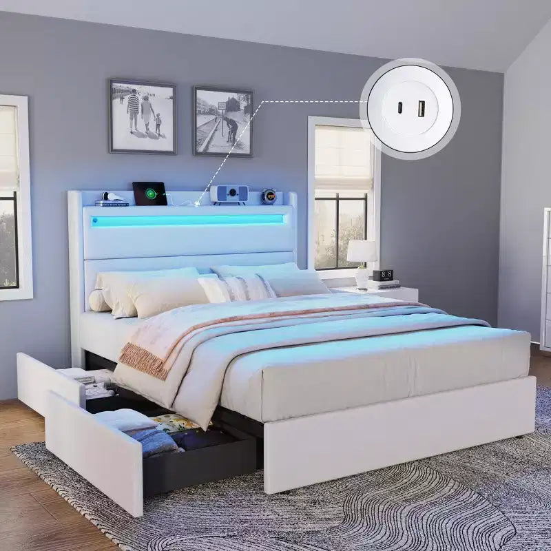 Cadre de lit plateforme rembourré avec tête de lit LED, 4 tiroirs pliables